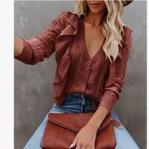 NEW Long Sleeve Ruffle Button Down Sweater Cardigan